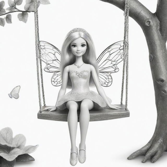 Two-dimensional, black and white cartoon-style Barbie fairy sitting on a swing, designed for a colouring page.