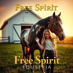 A beautifully designed movie poster showcasing a girl standing beside an elegant Appaloosa horse in front of a quaint white barn, prominently featuring the name "Free Spirit Equestrian" in an inviting font