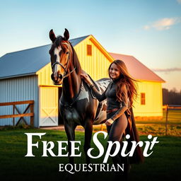 A beautifully designed movie poster showcasing a girl standing beside an elegant Appaloosa horse in front of a quaint white barn, prominently featuring the name "Free Spirit Equestrian" in an inviting font