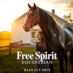 A beautifully designed movie poster showcasing a girl standing beside an elegant Appaloosa horse in front of a quaint white barn, prominently featuring the name "Free Spirit Equestrian" in an inviting font