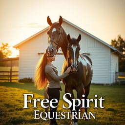 A beautifully designed movie poster showcasing a girl standing beside an elegant Appaloosa horse in front of a quaint white barn, prominently featuring the name "Free Spirit Equestrian" in an inviting font