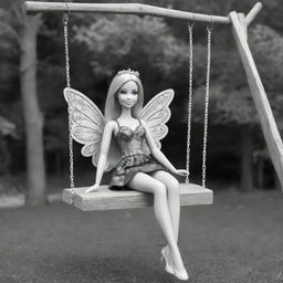 Two-dimensional, black and white cartoon-style Barbie fairy sitting on a swing, designed for a colouring page.