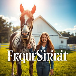 A visually striking movie poster depicting a girl standing proudly next to a majestic Appaloosa horse in front of a classic white barn, prominently featuring the name "Free Spirit Equestrian" in a bold and artistic font