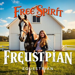 A visually striking movie poster depicting a girl standing proudly next to a majestic Appaloosa horse in front of a classic white barn, prominently featuring the name "Free Spirit Equestrian" in a bold and artistic font
