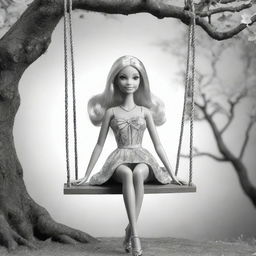 Two-dimensional, black and white cartoon-style Barbie fairy sitting on a swing, designed for a colouring page.