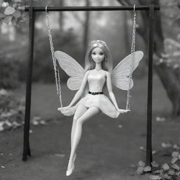 Two-dimensional, black and white cartoon-style Barbie fairy sitting on a swing, designed for a colouring page.