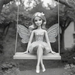 Two-dimensional, black and white cartoon-style Barbie fairy sitting on a swing, designed for a colouring page.