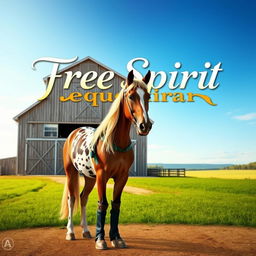 A stunning movie poster featuring a blonde girl standing confidently next to a beautiful Appaloosa horse in front of a giant barn