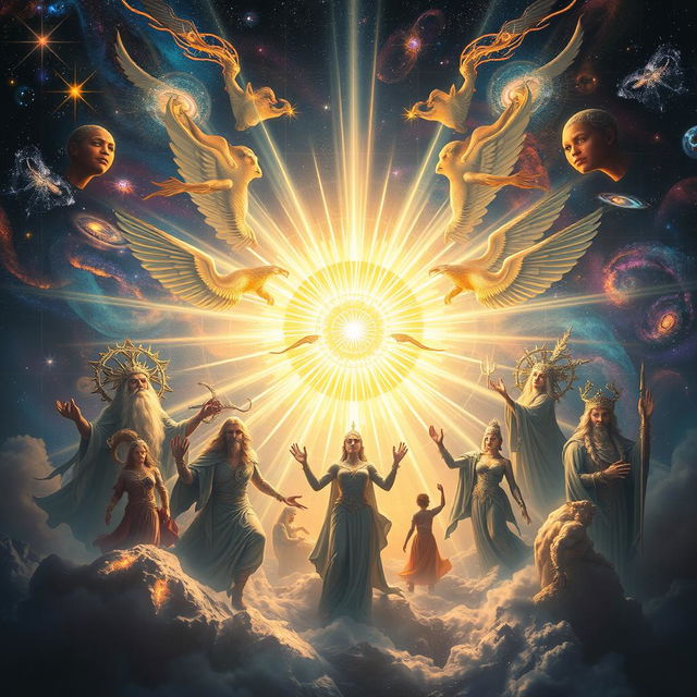 A cosmic scene depicting an ethereal representation of the Primordial Source radiating light and energy, surrounded by transcendent beings that embody the essence of creation