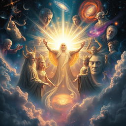 A cosmic scene depicting an ethereal representation of the Primordial Source radiating light and energy, surrounded by transcendent beings that embody the essence of creation