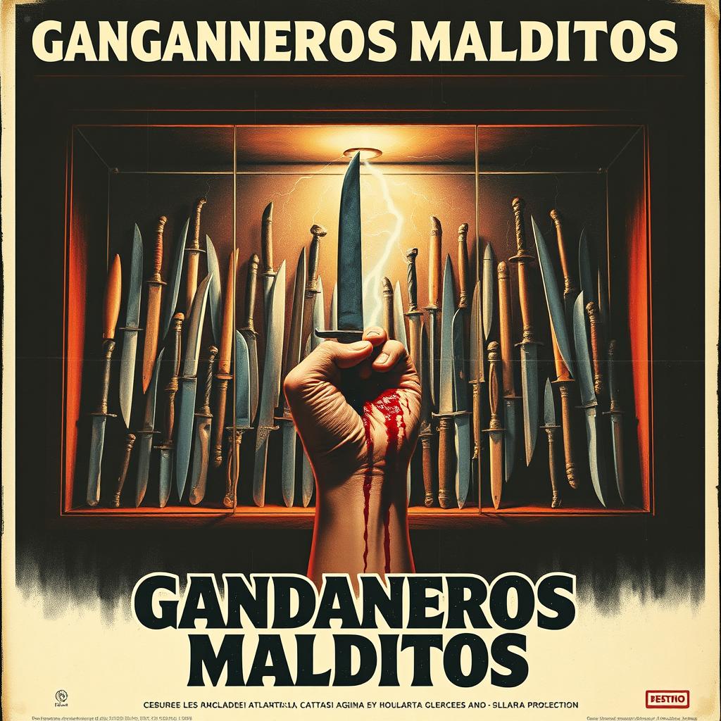 A retro horror movie poster for a fictional Spanish film titled 'Gandaneros Malditos'