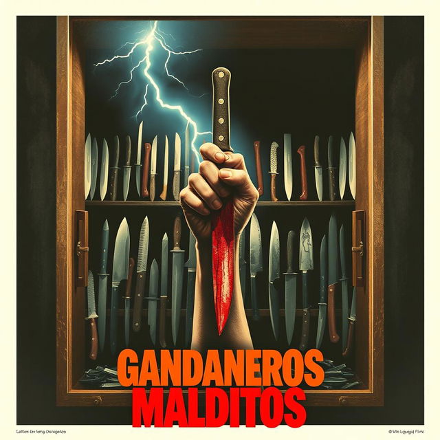 A retro horror movie poster for a fictional Spanish film titled 'Gandaneros Malditos'