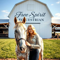 A captivating image of a blonde girl standing next to a beautiful Appaloosa horse in front of a giant white barn, prominently displaying the name "Free Spirit Equestrian" in elegant lettering
