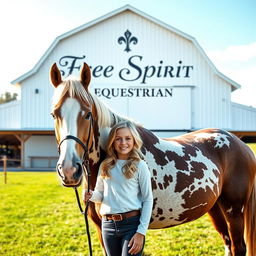 A captivating image of a blonde girl standing next to a beautiful Appaloosa horse in front of a giant white barn, prominently displaying the name "Free Spirit Equestrian" in elegant lettering