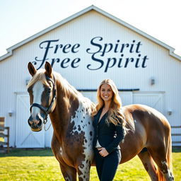 A captivating image of a blonde girl standing next to a beautiful Appaloosa horse in front of a giant white barn, prominently displaying the name "Free Spirit Equestrian" in elegant lettering