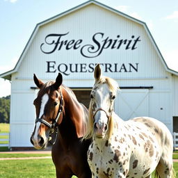 A captivating image of a blonde girl standing next to a beautiful Appaloosa horse in front of a giant white barn, prominently displaying the name "Free Spirit Equestrian" in elegant lettering