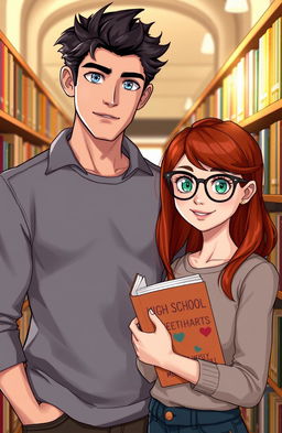 A tall boy with dark hair, piercing blue eyes, a sharp jawline, and broad shoulders stands next to a girl in a cozy library aisle