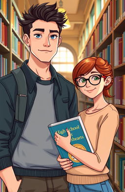 A tall boy with dark hair, piercing blue eyes, a sharp jawline, and broad shoulders stands next to a girl in a cozy library aisle
