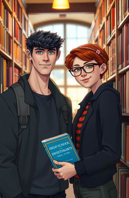 A tall boy with dark hair, piercing blue eyes, a sharp jawline, and broad shoulders stands next to a girl in a cozy library aisle