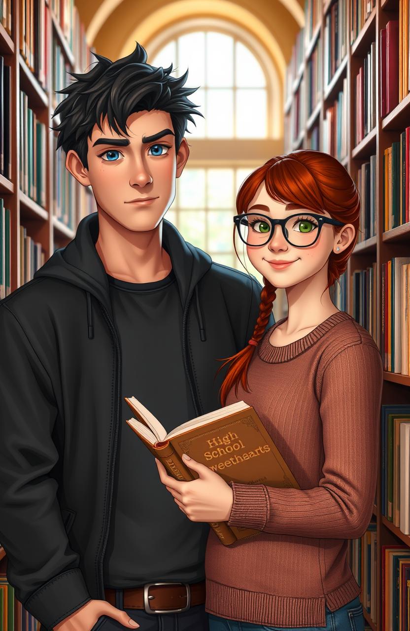 A tall boy with dark hair, piercing blue eyes, a sharp jawline, and broad shoulders stands next to a girl in a cozy library aisle