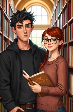 A tall boy with dark hair, piercing blue eyes, a sharp jawline, and broad shoulders stands next to a girl in a cozy library aisle