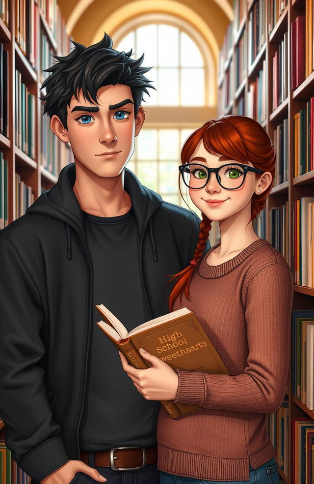 A tall boy with dark hair, piercing blue eyes, a sharp jawline, and broad shoulders stands next to a girl in a cozy library aisle