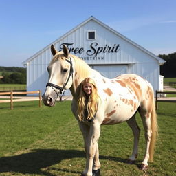 A charming scene featuring a blonde girl standing next to a striking Appaloosa horse in front of a giant white barn, which is beautifully labeled with the name "Free Spirit Equestrian" in an elegant font