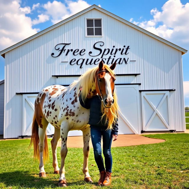 A charming scene featuring a blonde girl standing next to a striking Appaloosa horse in front of a giant white barn, which is beautifully labeled with the name "Free Spirit Equestrian" in an elegant font