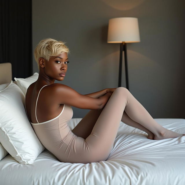 A black woman with short blonde hair elegantly reclines on a modern bed, dressed in sheer white stockings featuring a stylish back seam