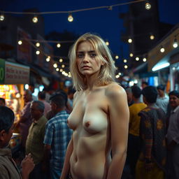 A sad blonde woman standing nude in a crowded outdoor scene at a cheap Indian market at night