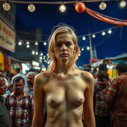 A sad blonde woman standing nude in a crowded outdoor scene at a cheap Indian market at night