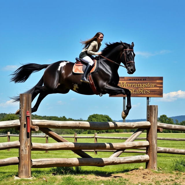 A dynamic and thrilling scene capturing a woman elegantly riding a giant black draft horse with Appaloosa markings as they leap over a rustic wooden fence