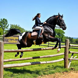 A dynamic and thrilling scene capturing a woman elegantly riding a giant black draft horse with Appaloosa markings as they leap over a rustic wooden fence