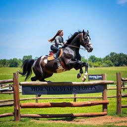 A dynamic and thrilling scene capturing a woman elegantly riding a giant black draft horse with Appaloosa markings as they leap over a rustic wooden fence