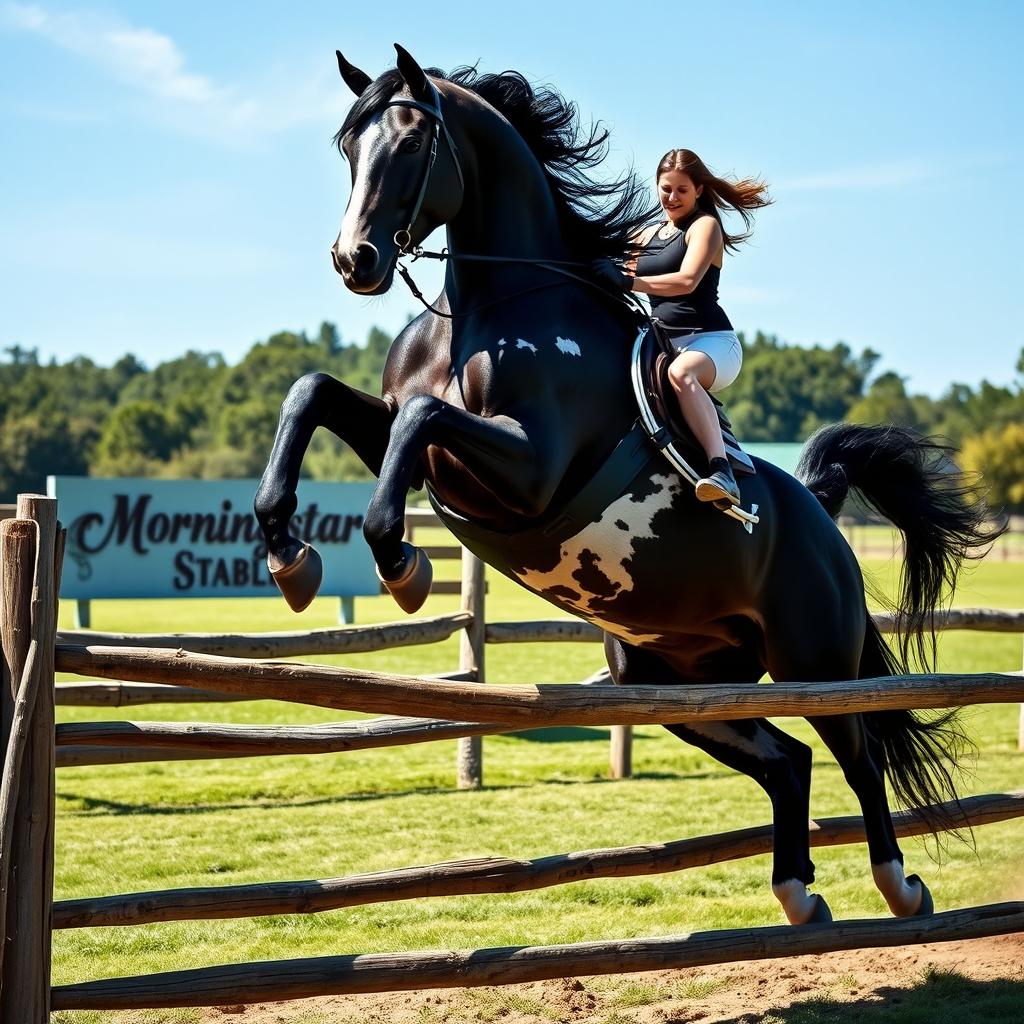 A dynamic and thrilling scene capturing a woman elegantly riding a giant black draft horse with Appaloosa markings as they leap over a rustic wooden fence