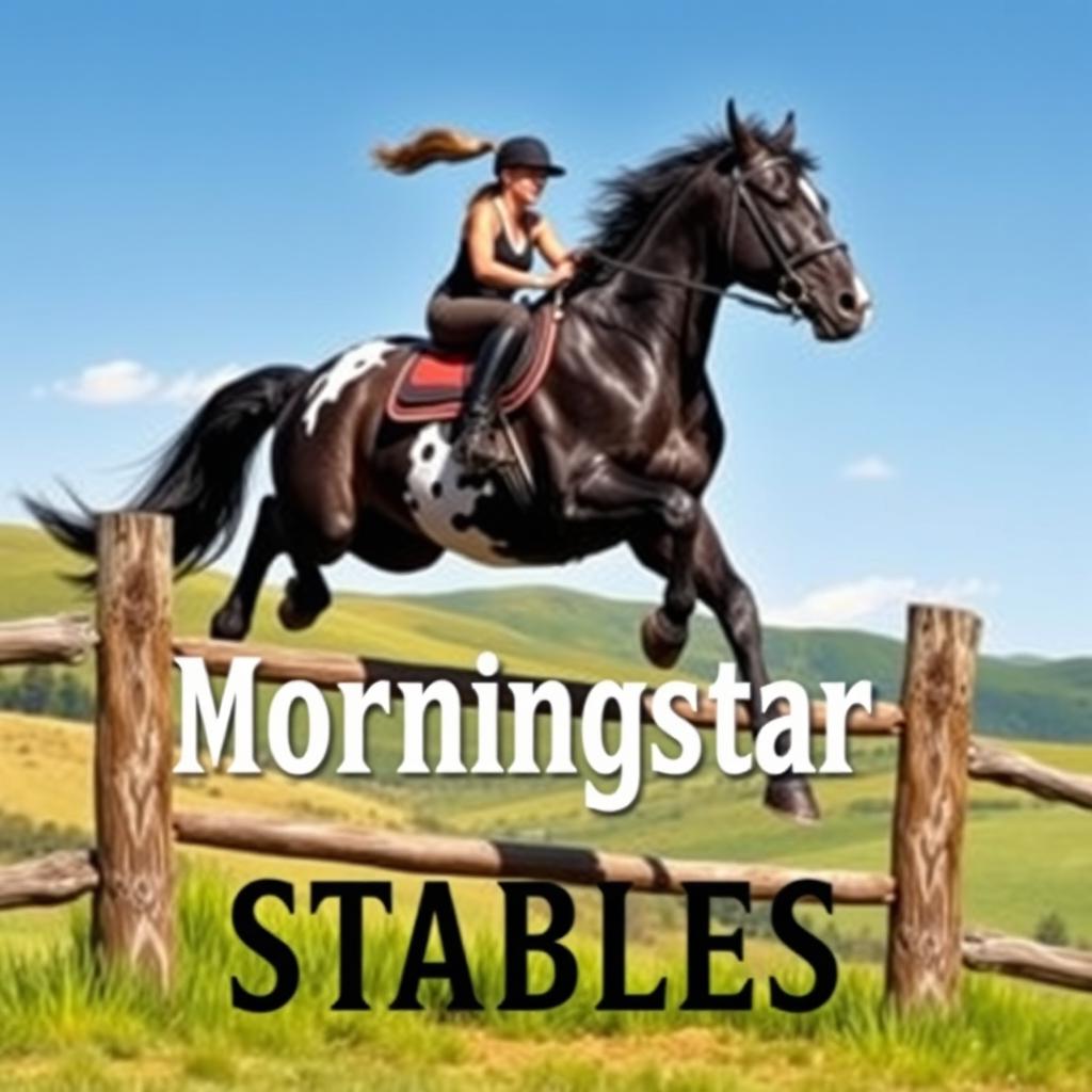 An eye-catching poster featuring a woman riding a majestic giant black draft horse with stunning Appaloosa markings as they soar gracefully over a wooden fence