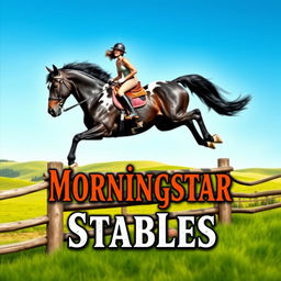 An eye-catching poster featuring a woman riding a majestic giant black draft horse with stunning Appaloosa markings as they soar gracefully over a wooden fence
