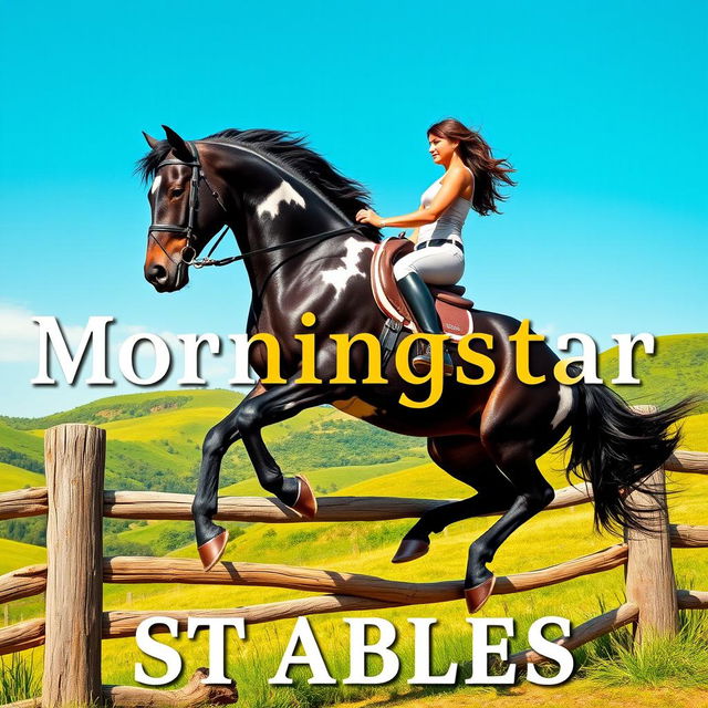 An eye-catching poster featuring a woman riding a majestic giant black draft horse with stunning Appaloosa markings as they soar gracefully over a wooden fence