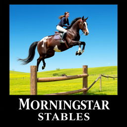 An exciting poster showcasing a woman riding a striking giant black draft horse with Appaloosa spots as they leap gracefully over a wooden fence