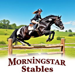 An exciting poster showcasing a woman riding a striking giant black draft horse with Appaloosa spots as they leap gracefully over a wooden fence