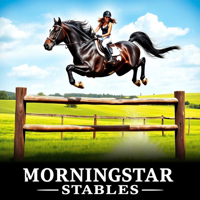 An exciting poster showcasing a woman riding a striking giant black draft horse with Appaloosa spots as they leap gracefully over a wooden fence