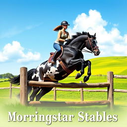 An exciting poster showcasing a woman riding a striking giant black draft horse with Appaloosa spots as they leap gracefully over a wooden fence