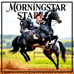 An artistic poster featuring a woman riding a giant black draft horse with unique Appaloosa markings as they execute an impressive jump