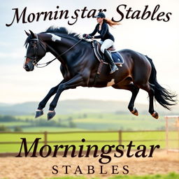 An artistic poster featuring a woman riding a giant black draft horse with unique Appaloosa markings as they execute an impressive jump