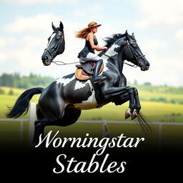 An artistic poster featuring a woman riding a giant black draft horse with unique Appaloosa markings as they execute an impressive jump