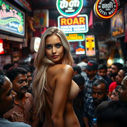 A blonde woman with a nude appearance prominently placed in a bustling inexpensive Indian bar, surrounded by a dense crowd of Indian men