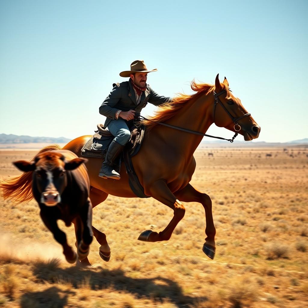 A dynamic scene depicting a cowboy in traditional attire, complete with a wide-brimmed hat and leather boots, riding a strong, muscular horse