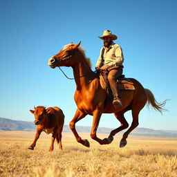 A dynamic scene depicting a cowboy in traditional attire, complete with a wide-brimmed hat and leather boots, riding a strong, muscular horse