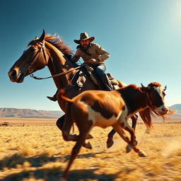 A dynamic scene depicting a cowboy in traditional attire, complete with a wide-brimmed hat and leather boots, riding a strong, muscular horse