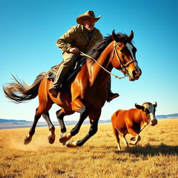 A dynamic scene depicting a cowboy in traditional attire, complete with a wide-brimmed hat and leather boots, riding a strong, muscular horse